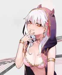Rule 34 | 1girl, armlet, bare shoulders, bebe (bebe pp), bikini, bracelet, breasts, chocolate heaven (fate/grand order), cleavage, cloak, closed mouth, collarbone, earrings, fate/grand order, fate (series), food, grey background, hair ribbon, hand on own chin, hand up, highres, hood, hood up, hooded cloak, horned hood, horns, jewelry, kama (chocolate heaven) (fate), kama (fate), large breasts, licking lips, long hair, looking at viewer, nail polish, necklace, orange eyes, pink bikini, pink nails, pink ribbon, ribbon, silver hair, simple background, smile, solo, swimsuit, tongue, tongue out