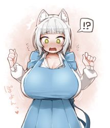 Rule 34 | !, !?, 1girl, ?, animal ear fluff, animal ears, blue dress, blush, breast expansion, breasts, cat ears, cat girl, cleavage, clenched hand, collared shirt, commentary request, commission, dress, embarrassed, grey hair, heart, highres, ichika (ichika manga), large breasts, looking down, original, shirt, short hair, speech bubble, spoken exclamation mark, spoken question mark, surprised, white shirt, yellow eyes