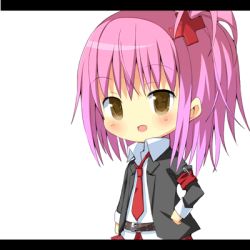 Rule 34 | 1girl, amaa (chou dennou jidai), animated, animated gif, armband, cross hair ornament, flat chest, hair ornament, hand on own hip, hinamori amu, hip focus, letterboxed, lowres, necktie, no nose, open mouth, pink hair, ponytail, school uniform, short hair, shugo chara!, solo, yellow eyes