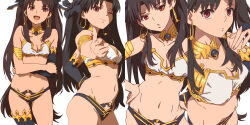 Rule 34 | 1girl, :o, aonori misuji, bare shoulders, bikini, black hair, breasts, cleavage, collarbone, commentary request, crossed arms, earrings, fate/grand order, fate (series), finger gun, gold earrings, gold trim, hands on own hips, highres, ishtar (fate), jewelry, long hair, looking at viewer, medium breasts, multiple views, navel, neck ring, open mouth, red eyes, single sleeve, single thighhigh, smile, swimsuit, thighhighs