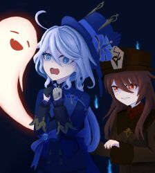 Rule 34 | 1other, 2girls, ahoge, artist request, blue eyes, blue hair, blush, boo tao (genshin impact), brown hair, chinese clothes, coat, furina (genshin impact), genshin impact, ghost, gloves, grin, hat, hat ornament, heterochromia, hitodama, hu tao (genshin impact), long hair, multicolored hair, multiple girls, red eyes, scared, shaded face, smile, streaked hair, twintails, two-tone hair, very long hair, white hair