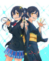 Rule 34 | 10s, 2girls, ;d, bad id, bad pixiv id, black hair, blazer, folded ponytail, jacket, japanese clothes, kimono, long hair, love live!, love live! school idol project, mother and daughter, multiple girls, obi, one eye closed, open mouth, plaid, plaid skirt, sash, school uniform, shin9tani, skirt, smile, sonoda umi, sonoda umi&#039;s mother, sparkle, yellow eyes