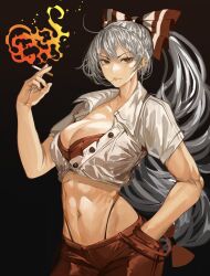 Rule 34 | 1girl, adapted costume, ahoge, arm up, bare arms, bow, breasts, brown background, brown eyes, buttons, cigarette, cleavage, closed mouth, collarbone, contrapposto, dark background, ear piercing, fire, fujiwara no mokou, gradient background, grey hair, hair between eyes, hair bow, hand in pocket, hand up, high ponytail, highleg, highleg panties, holding, holding cigarette, large breasts, light smile, long hair, looking at viewer, midriff, nail polish, navel, panties, pants, piercing, ponytail, red bow, red nails, red pants, shirt, short sleeves, solo, suspenders hanging, tomatolover16, toned, touhou, two-tone bow, underwear, very long hair, white bow, white shirt, wing collar