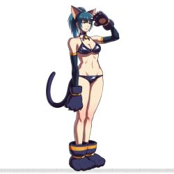 Rule 34 | 1girl, alternate costume, animal ears, animal hands, bell, bikini, black bikini, blue hair, breasts, cat ears, cat paws, cat tail, choker, cleavage, detached sleeves, earrings, full body, gloves, green eyes, highres, jewelry, jingle bell, kemonomimi mode, leona heidern, medium breasts, metal slug, metal slug attack, navel, neck bell, official art, ogura eisuke, paw gloves, paw shoes, salute, shoes, snk, snk heroines: tag team frenzy, solo, standing, swimsuit, tail, the king of fighters, toned, white background