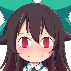 Rule 34 | 1girl, :i, blush, bmkro, bow, brown hair, closed mouth, commentary, empty eyes, english commentary, frilled shirt collar, frills, green bow, hair bow, long hair, lowres, red eyes, reiuji utsuho, shirt, simple background, solo, touhou, transparent background, upper body, white shirt