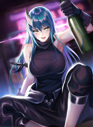 Rule 34 | 1girl, :d, alcohol, arknights, arm ribbon, arm scarf, armpits, bare arms, bare shoulders, black gloves, black pants, black shirt, blush, bottle, breasts, cleavage, clothes around waist, commentary request, gloves, green hair, hair between eyes, highres, holding, holding bottle, horns, hoshiguma (arknights), jacket, jacket around waist, kernel killer, large breasts, neckwear request, open mouth, pants, revision, ribbon, see-through, shirt, single horn, sitting, skin-covered horns, sleeveless, sleeveless shirt, smile, solo, yellow eyes