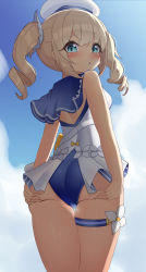 Rule 34 | 1girl, absurdres, ass, barbara (genshin impact), barbara (summertime sparkle) (genshin impact), blonde hair, blue eyes, blue one-piece swimsuit, blush, cloud, curly hair, from behind, genshin impact, hands on own ass, hat, highres, huge filesize, long hair, looking at viewer, looking back, no pants, official alternate costume, one-piece swimsuit, outdoors, sailor collar, shirt, sky, solo, swimsuit, thigh gap, thigh strap, thighs, twintails, white hat, white shirt, zangi (lkt2012)