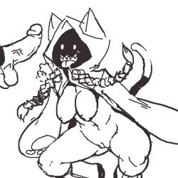 Rule 34 | 1girl, aliasing, animal ears, arc system works, blazblue, braid, breasts, cat ears, cat tail, cleft of venus, erection, hanging breasts, hood, large breasts, lowres, monochrome, noill, penis, pussy, saliva, sharp teeth, simple background, squatting, tail, taokaka, teeth, tongue, twin braids, uncensored, white background