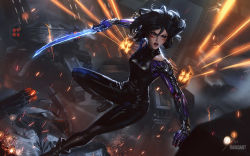 Rule 34 | 1girl, alita, alita: battle angel, battle angel alita, black bodysuit, black footwear, black hair, bodysuit, boots, breasts, brown eyes, cyborg, facial mark, facing viewer, fighting, firing, glowing, glowing gun barrel, glowing sword, glowing weapon, hair between eyes, holding, holding sword, holding weapon, indoors, lips, mechanical arms, medium breasts, open mouth, raikoart, robot, science fiction, shiny clothes, short hair, signature, single mechanical arm, sleeveless, solo, sparks, sword, weapon