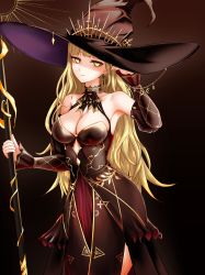 Rule 34 | 1girl, absurdres, bare shoulders, blonde hair, breasts, brown background, cleavage, closed mouth, commentary, detached sleeves, dress, earrings, halter dress, halterneck, hand up, hat, highres, holding, holding staff, jewelry, kushinaka, large hat, long dress, long hair, looking at viewer, medium breasts, nijisanji, solo, staff, standing, symbol-only commentary, takamiya rion, takamiya rion (4th costume), virtual youtuber, witch hat, yellow eyes