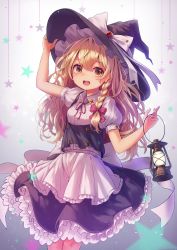 Rule 34 | 1girl, apron, black skirt, blonde hair, blush, bow, braid, buttons, frilled skirt, frills, hair bow, hat, hat bow, highres, kirisame marisa, lantern, long hair, looking at viewer, open mouth, puffy short sleeves, puffy sleeves, pyonsuke (pyon2 mfg), red bow, red ribbon, ribbon, short sleeves, side braid, single braid, skirt, smile, solo, star (symbol), teeth, touhou, vest, wavy hair, white bow, witch hat, yellow eyes