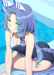 Rule 34 | 1girl, abmayo, animal ears, aqua eyes, ass, blue hair, breasts, cleavage, competition swimsuit, ear covers, godolphin barb (umamusume), half-closed eyes, highres, horse ears, horse girl, horse tail, long hair, looking at viewer, medium breasts, one-piece swimsuit, poolside, solo, swimsuit, tail, umamusume, water, wet