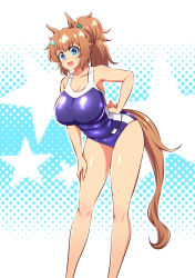 Rule 34 | 1girl, animal ears, bent over, blue eyes, breasts, brown hair, collarbone, gabao (mattari 2019), hair ornament, hand on own hip, hand on own thigh, horse ears, horse girl, horse tail, large breasts, long hair, long legs, looking at viewer, one-piece swimsuit, open mouth, ponytail, shiny clothes, solo, star (symbol), star hair ornament, swimsuit, taiki shuttle (umamusume), tail, umamusume