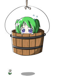 Rule 34 | 1girl, aoblue, blue eyes, bucket, chibi, female focus, flower, green hair, in bucket, in container, kisume, plant, short hair, simple background, solo, sweatdrop, touhou, white background