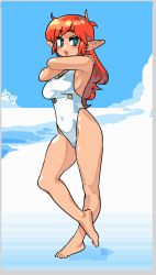 Rule 34 | bare arms, barefoot, blue eyes, blush stickers, breasts, buttons, cloud, covered navel, highres, leg up, leotard, long hair, mail (popful mail), no armor, noyemik, open mouth, pointy ears, popful mail, red hair, sideboob, signature, simple background, standing, standing on one leg, thighs, toes, white leotard