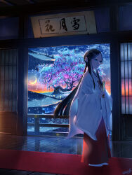 Rule 34 | 1girl, absurdres, cherry blossoms, cloud, commentary request, crescent moon, evening, fantasy, hakama, hakama skirt, hand fan, highres, holding, holding fan, japanese clothes, long hair, miko, moon, original, paper fan, parted bangs, railing, red hakama, reflective floor, scenery, skirt, smile (qd4nsvik), snow, socks, standing, star (sky), tree, very long hair, white background, white socks, wide sleeves, wooden floor
