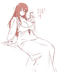 Rule 34 | 10s, 1girl, bobobo, breasts, huge breasts, large breasts, long hair, looking at viewer, maou (maoyuu), maoyuu maou yuusha, monochrome, nightgown, red eyes, red hair, solo, translated, vasixx