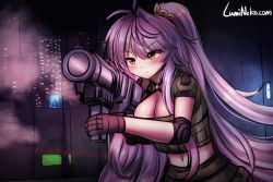 Rule 34 | 1girl, alternate costume, artist name, azur lane, black gloves, blush, breasts, cleavage, commentary, elbow pads, english commentary, gloves, grenade launcher, grenville (azur lane), large breasts, long hair, lumineko, midriff, navel, pun, purple hair, red eyes, very long hair, weapon, x-com, xcom 2