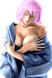 Rule 34 | 1girl, 7/11 (fukuso), ;), bare shoulders, breasts, cleavage, collarbone, half-closed eye, japanese clothes, kimono, large breasts, long sleeves, looking at viewer, looking down, no bra, one eye closed, open clothes, open kimono, pink eyes, pink hair, pink lips, saigyouji yuyuko, seductive smile, simple background, sketch, smile, solo, touhou, undressing, upper body, white background, wide sleeves