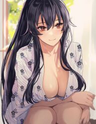 Rule 34 | 1girl, arm under breasts, black hair, blurry, blurry background, breasts, cleavage, closed mouth, collarbone, commentary, floral print, hair between eyes, highres, indoors, japanese clothes, kantai collection, kasumi (skchkko), kimono, large breasts, light blush, long hair, ponytail, red eyes, smile, solo, squatting, white kimono, window, yahagi (kancolle), yukata