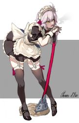 Rule 34 | 1girl, absurdres, ahoge, alternate costume, apron, black dress, black footwear, black thighhighs, cigarette, dress, enmaided, f.k (hs225kr), fate/grand order, fate (series), grey hair, high heels, highres, jeanne d&#039;arc (fate), jeanne d&#039;arc alter (avenger) (fate), jeanne d&#039;arc alter (fate), maid, maid apron, maid headdress, mouth hold, puffy short sleeves, puffy sleeves, short dress, short hair, short sleeves, skindentation, smoke, smoking, solo, teeth hold, thighhighs, waist apron, white apron, yellow eyes