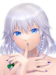 Rule 34 | 1girl, bare shoulders, blue eyes, blue nails, bow, eye focus, eyelashes, face, finger to mouth, green bow, hair between eyes, hair bow, hair flaps, highres, izayoi sakuya, kageharu, looking at viewer, medium hair, nail polish, silver hair, simple background, smile, solo, touhou, twintails, white background, white nails