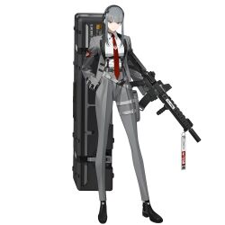 Rule 34 | 1girl, ar-15, assault rifle, belt, belt pouch, black footwear, black gloves, black survival, breasts, chest strap, closed mouth, collared shirt, colored skin, eternal return: black survival, full body, gloves, grey eyes, grey hair, grey jacket, grey pants, gun, hand in pants, hand in pocket, haze (black survival), headset, highres, hime cut, holding, holding weapon, jacket, long hair, long sleeves, medium breasts, multishot rocket launcher, necktie, official art, pants, pouch, red necktie, rifle, rocket launcher, shirt, shoes, simple background, solo, standing, strap, taut clothes, taut shirt, transparent background, uniform, utility belt, weapon, white shirt, white skin
