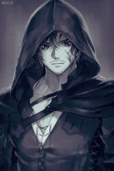 Rule 34 | 1boy, 3wa tari, blood, blood on face, cape, clive rosfield, closed mouth, collarbone, facial hair, final fantasy, final fantasy xvi, greyscale, hood, hood up, hooded cape, male focus, monochrome, partially unbuttoned, shirt, short hair, solo, twitter username, upper body