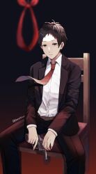 Rule 34 | 1boy, adachi tooru, belt, black hair, black jacket, black pants, blurry, blurry foreground, brown belt, brown eyes, business suit, closed mouth, collared shirt, commentary request, formal, gradient background, gun, highres, holding, holding gun, holding weapon, jacket, long sleeves, looking at viewer, male focus, necktie, noose, pants, persona, persona 4, pppppknw, red necktie, shirt, short hair, sitting, solo, suit, twitter username, weapon, white shirt, wooden chair