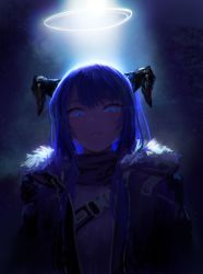 Rule 34 | 1girl, arknights, belt, blue eyes, blue hair, blue theme, commentary, halo, highres, hood, hood down, hooded jacket, horns, jacket, krita (medium), long hair, looking at viewer, mostima (arknights), noccu, open clothes, open jacket, parted lips, scarf, smile, solo, upper body