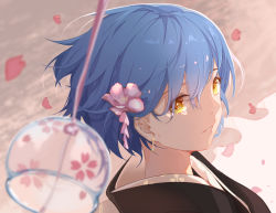 Rule 34 | 1girl, black kimono, blue hair, blurry, blurry foreground, commentary request, depth of field, earrings, eyebrows hidden by hair, flower, hair between eyes, hair flower, hair ornament, japanese clothes, jewelry, kimono, looking at viewer, looking to the side, original, parted lips, petals, pink flower, short hair, solo, taka (0taka), upper body, wind chime, yellow eyes