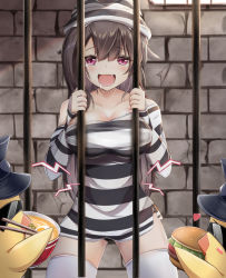 Rule 34 | 1girl, absurdres, animal, azur lane, bare shoulders, bars, bird, blue headwear, blush stickers, bowl, breasts, brick wall, brown hair, burger, chick, chopsticks, cleavage, commentary request, day, drooling, fang, food, hands up, hat, heart, highres, holding, holding bowl, holding chopsticks, holding food, hungry, indoors, large breasts, long hair, long sleeves, mctom, noodles, off-shoulder shirt, off shoulder, open mouth, pamiat merkuria (azur lane), pamiat merkuria (caged minx) (azur lane), peaked cap, prison, prison clothes, purple eyes, ramen, saliva, shirt, stomach growling, striped clothes, striped headwear, striped shirt, sunglasses, sunlight, tears, thighhighs, very long hair, white thighhighs