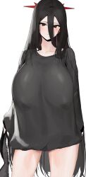 Rule 34 | 1girl, alternate costume, baggy clothes, black hair, black skirt, blue archive, breasts, hair between eyes, halo, hasumi (blue archive), highres, huge breasts, long hair, looking at viewer, meme, mole, mole under eye, no pants, oversized clothes, oversized shirt, pajamas challenge (meme), poharo, red eyes, red halo, shirt, simple background, skirt, solo, straight hair, very long hair, white background