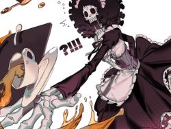Rule 34 | ^^^, afro, alternate costume, amykem, big hair, black hair, brook (one piece), cup, dress, drink, enmaided, falling, foreshortening, highres, long dress, long sleeves, maid, maid headdress, one piece, open mouth, outstretched arm, outstretched hand, saucer, simple background, skeleton, skull, solo, spilling, spoon, spread fingers, surprised, tray, white background