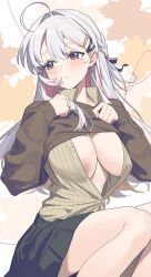 1girl :&lt; absurdres ahoge airseal areola_slip averting_eyes black_ribbon black_skirt blush breasts brown_sweater colored_inner_hair commentary dress_shirt english_commentary facing_viewer green_eyes hair_intakes hair_ornament hair_ribbon hands_up highres large_breasts leaf long_hair long_sleeves looking_to_the_side miniskirt mole mole_under_eye multicolored_hair original partially_unbuttoned pink_hair ribbon sagging_breasts shirt sitting skirt solo straight_hair sweater two-tone_hair white_hair yellow_shirt