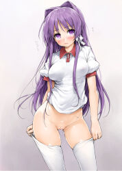 Rule 34 | 1girl, blush, breasts, clannad, cleft of venus, covered erect nipples, fujibayashi kyou, gluteal fold, groin, gym uniform, hair intakes, hair ribbon, holding, ishikei, long hair, looking at viewer, medium breasts, nipples, no panties, photoshop (medium), purple eyes, purple hair, pussy, pussy juice, revision, ribbon, see-through, short sleeves, simple background, solo, standing, thighhighs, thighhighs pull, uncensored, very long hair, white thighhighs