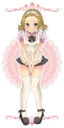 Rule 34 | 1girl, alternate costume, apron, between thighs, brown eyes, brown hair, enmaided, forehead, highres, k-on!, maid, maid apron, maid headdress, mary janes, pantarou, pigeon-toed, shoes, short hair, solo, tainaka ritsu, thighhighs, thighs, twintails, v arms, white thighhighs
