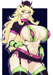 1girl abs absurdres barghest_(fate) belt biceps bikini black_footwear black_hat black_skirt blonde_hair blush boots breasts cleavage elbow_gloves fate/grand_order fate_(series) florence_nightingale_(fate) florence_nightingale_(trick_or_treatment)_(fate) garrison_cap gloves green_bikini green_eyes green_gloves green_thighhighs hat heterochromia highres horns huge_breasts layered_bikini long_hair looking_at_viewer miniskirt muscular muscular_female navel open_mouth purple_belt purple_bikini red_eyes revealing_clothes short_sleeves shrug_(clothing) sideboob skirt solo swimsuit thick_thighs thigh_boots thighhighs thighhighs_under_boots thighs tucv5345