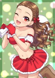 Rule 34 | 1girl, bare shoulders, blush, bow, breasts, brown footwear, bubble background, collarbone, commentary, crop top, detached sleeves, dress, earrings, forehead, gloves, green background, hair bow, highres, holding, holding sack, idolmaster, idolmaster cinderella girls, jewelry, leg up, long hair, looking at viewer, medium breasts, miniskirt, navel, one eye closed, open mouth, red bow, red eyes, red gloves, red shirt, red skirt, sack, santa dress, seki hiromi, shirt, skirt, smile, solo, star (symbol), star earrings, stomach, wavy hair, wgm oekaki