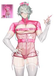 Rule 34 | 1boy, abs, alhaitham (genshin impact), alpaitham, aqua hair, closed mouth, clothing cutout, crossdressing, genshin impact, grey hair, hair between eyes, hair over one eye, highres, holding, holding syringe, male focus, multicolored hair, muscular, muscular male, nurse, panties, pink panties, shirt, short hair, solo, stomach, syringe, thighhighs, underwear, white thighhighs