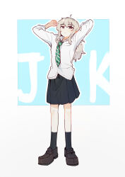 Rule 34 | 1girl, absurdres, arms up, black skirt, black socks, blue background, brown footwear, closed mouth, collared shirt, commentary, full body, girls band cry, green necktie, grey eyes, grey hair, highres, kawaragi momoka, loafers, long hair, long sleeves, necktie, pleated skirt, shirt, shoes, skirt, socks, solo, two-tone background, white background, white shirt, ydpfa