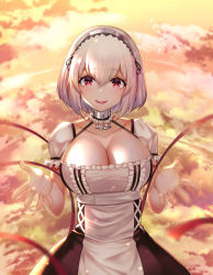 Rule 34 | 1girl, absurdres, anchor choker, apron, arms up, azur lane, blush, breasts, choker, cleavage, cloud, collarbone, dress, frills, hair between eyes, hair ornament, hairband, high heels, highres, hsu shu, lace-trimmed hairband, lace trim, large breasts, looking at viewer, maid, maid apron, maid headdress, open mouth, puffy sleeves, red eyes, short hair, short sleeves, sirius (azur lane), smile, solo, swimsuit, thighhighs, thighs, white hair, white thighhighs