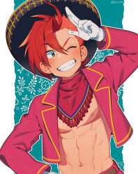 Rule 34 | 1boy, abs, belt, blush, brown belt, cropped jacket, earrings, gloves, grin, hair between eyes, hat, humanization, jacket, jewelry, kiri futoshi, long sleeves, male focus, mexican clothes, navel, nostrils, one eye closed, panchito pistoles, pants, red hair, red jacket, red pants, smile, sombrero, the three caballeros, upper body, white gloves
