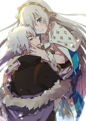 Rule 34 | 1boy, 1girl, anastasia (fate), aqua cape, aqua eyes, backlighting, bags under eyes, black shirt, blush, cape, closed mouth, coat, commentary request, couple, doll, dress, eye contact, fate/grand order, fate (series), fur-trimmed coat, fur-trimmed hood, fur trim, gold trim, hair between eyes, hair over one eye, headband, hetero, highres, holding, holding doll, hood, hood down, hooded coat, kadoc zemlupus, long hair, long sleeves, looking at another, open mouth, parted bangs, ponpoko, royal robe, shirt, simple background, slit pupils, swept bangs, turtleneck, very long hair, white background, white dress, white hair, yellow eyes, yellow headband