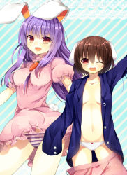 Rule 34 | 2girls, :d, animal ears, bad id, bad pixiv id, breasts, brown hair, carrot, clothes pull, cosplay, costume switch, dress, female focus, gluteal fold, inaba tewi, inaba tewi (cosplay), long hair, looking at viewer, maguro (gulen-x), medium breasts, multiple girls, navel, one eye closed, open clothes, open mouth, open shirt, oversized clothes, panties, purple eyes, purple hair, rabbit ears, rabbit girl, rabbit tail, reisen udongein inaba, reisen udongein inaba (cosplay), shirt, short hair, skirt, skirt pull, small breasts, smile, striped background, striped clothes, striped panties, tail, touhou, tsukiriran, underwear, white panties, wink