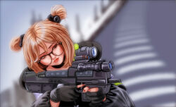Rule 34 | 1girl, absurdres, alternate eyewear, bad gun anatomy, black gloves, black jacket, blurry, blurry background, brown-framed eyewear, brown eyes, brown nails, bullpup, commentary, day, double-parted bangs, double bun, english commentary, eyeliner, fingerless gloves, fingernails, girls&#039; frontline, glasses, gloves, gun, hair bun, head tilt, highres, holding, holding gun, holding weapon, hood, hood down, hooded jacket, jacket, lips, lipstick, long sleeves, looking ahead, looking to the side, makeup, medium hair, nail polish, optical sight, outdoors, p90, p90 (girls&#039; frontline), personal defense weapon, red lips, road, round eyewear, sashimi chan, solo, submachine gun, trigger discipline, upper body, weapon