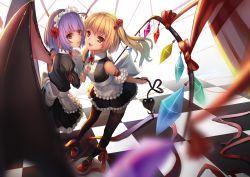 Rule 34 | 2girls, alternate costume, apron, bat wings, black legwear, blonde hair, blush, bow, checkered floor, cleavage cutout, clothing cutout, enmaided, fang, flandre scarlet, floor, flower, garter straps, hair flower, hair ornament, highres, laevatein, long hair, looking at viewer, maid, maid apron, maid headdress, mary janes, multiple girls, musyne xsk, open mouth, purple hair, red eyes, remilia scarlet, ribbon, shoes, short hair, siblings, side ponytail, sisters, smile, thighhighs, touhou, tray, waist apron, wings, zettai ryouiki