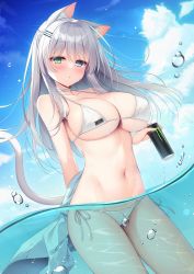 Rule 34 | 1girl, animal ear fluff, animal ears, bare shoulders, bikini, blush, breasts, can, cat ears, cat girl, cat tail, choker, cleavage, day, grey hair, hair between eyes, hair ornament, halterneck, heterochromia, highres, holding, holding can, large breasts, long hair, looking at viewer, monster energy, navel, original, outdoors, side-tie bikini bottom, solo, stomach, string bikini, swimsuit, tail, thighs, wading, wet, white bikini, yatanukikey