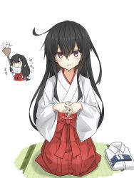 Rule 34 | 1girl, alternate costume, black hair, broom, unworn clothes, full body, hakama, hakama skirt, own hands clasped, hatsushimo (kancolle), highres, inset, japanese clothes, kantai collection, long hair, looking at viewer, miko, multiple views, own hands together, red eyes, red hakama, seiza, silk, simple background, sitting, skirt, spider web, tatami, umino ht, white background