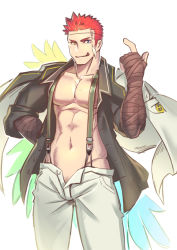 Rule 34 | 1boy, :q, abs, alternate costume, bandages, bara, bare pectorals, beckoning, black jacket, blue eyes, bulge, feet out of frame, fingerless gloves, gloves, groin, heterochromia, jacket, jacket on shoulders, large pectorals, male focus, muscular, muscular male, navel, nipples, open pants, pants, pectorals, pollux (housamo), red hair, short hair, solo, stomach, thick thighs, thighs, tokyo houkago summoners, tongue, tongue out, waku (ayamix), white pants, yellow eyes